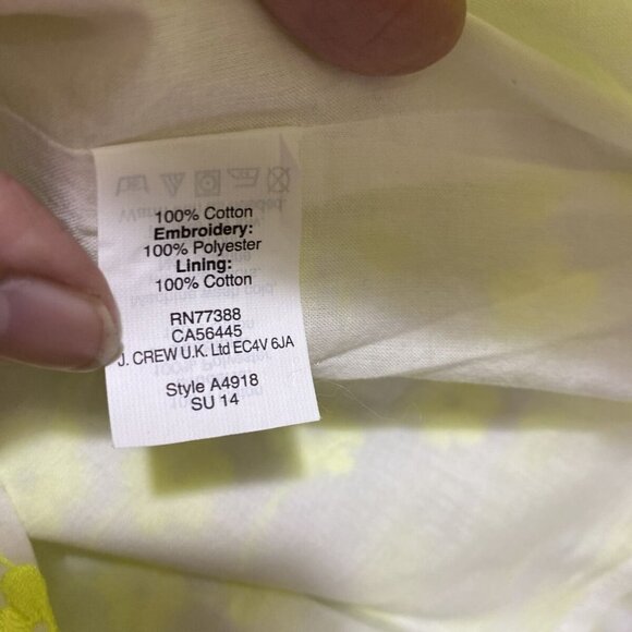J. Crew Women's Floral Embroidered  100% Cotton‎ Top White Neon Yellow Size 00 - Picture 6 of 10